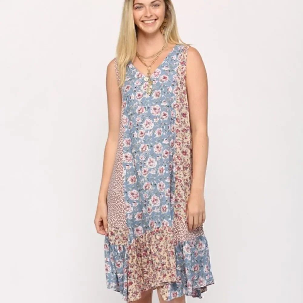 NWT! Floral Mixed Print Asymmetrical Sleeveless Dress With Neck Tie Boho Gypsy